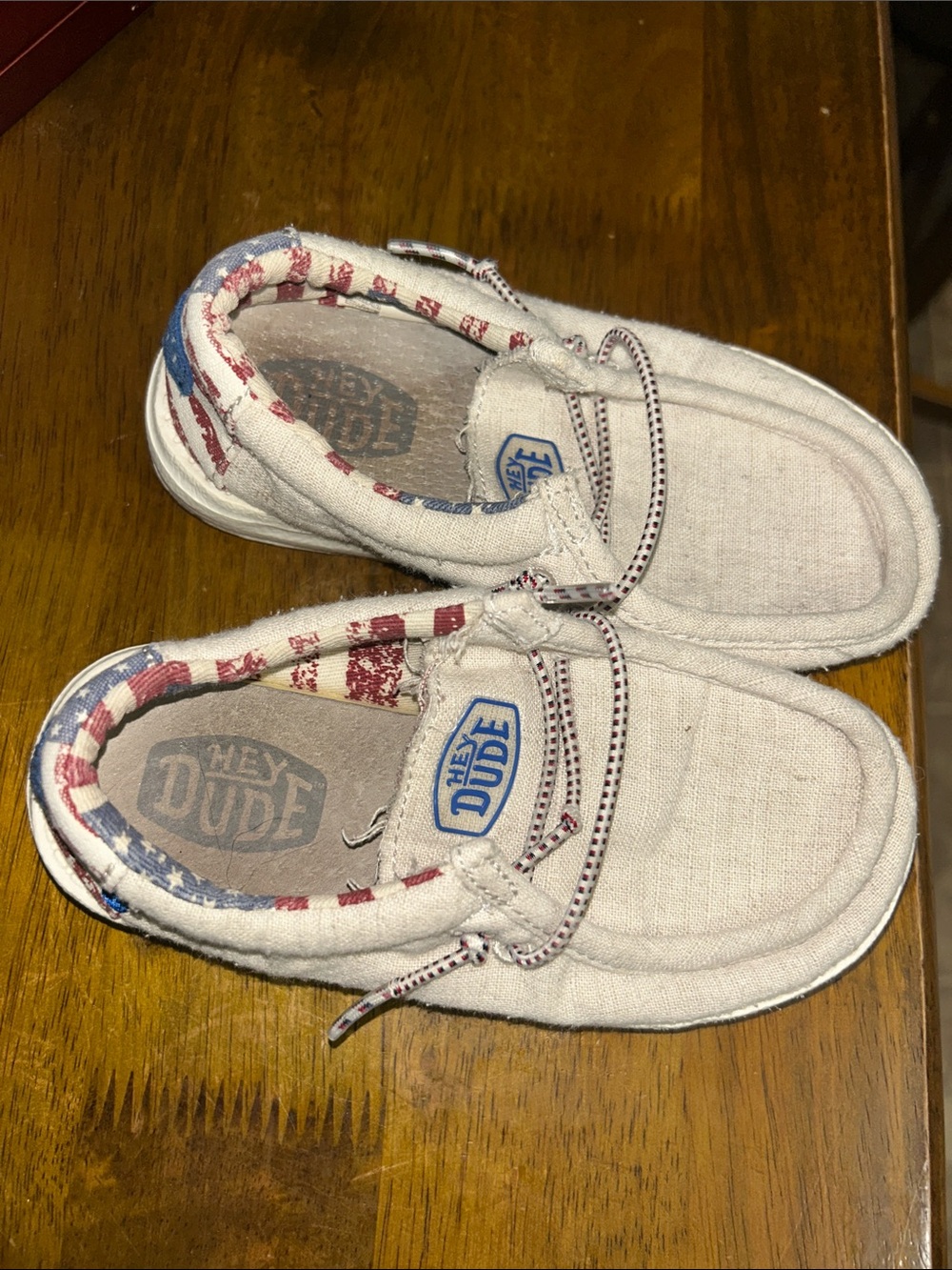 Hey Dude Kids Beige Canvas Slip-Ons with Red & Blue Trim